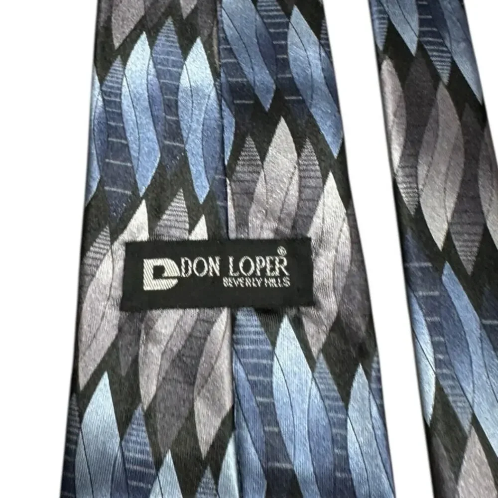Don Loper Beverly Hills Abstract Silk USA Blue Gray Geometric Designer Necktie